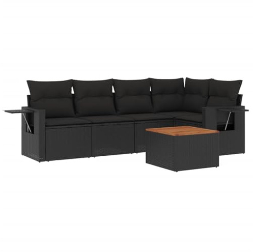 Mhdvray 6-TLG. Gartensofa Set in Schwarz aus Poly-Rattan 62x62 cm mit Akazienholz-Tisch Modernes Lounge-Sofa für Garten Terrasse Balkon