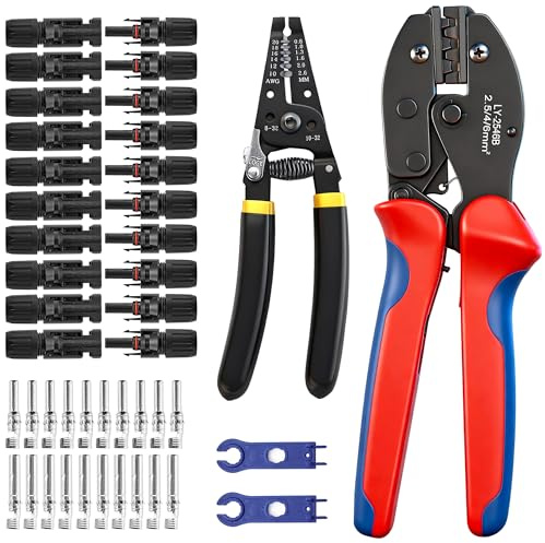 FIISAYL Pince à Sertir, Outils de Sertissage Solaires Pour 2,5/4/6 mm² Solaire Cable avec 10 Paires de Connecteurs Solaires, Pince a Sertir, 2 Clés, pour l'assemblage des Câbles des Panneaux Solaires