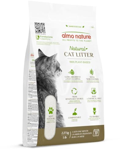 almo nature Cat Litter – Soft Texture | 100% Natural, Plant-Based, Non-Clumping, Non-Clay, Non-Silica | Odour-Free & Robot-Friendly - 2.27kg