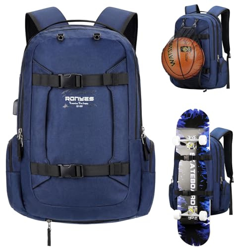 Ronyes Sac à Dos Sport avec Pliable Basketball Football Net Sac Skate-board Sac à Doc Ordinateur Portable avec Pris USB Sac de Voyage Scolaire 17.3 pouces 40L Bleu
