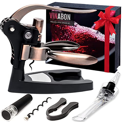 VINABON Wine Opener Set - Updated 2026 All-in-One Wine Bottle Opener Set with Wine Aerator, Foil Cutter, Stopper, Stand - Manual Lever Corkscrews Wine Opener for Wine Bottles with WineGuide eBook