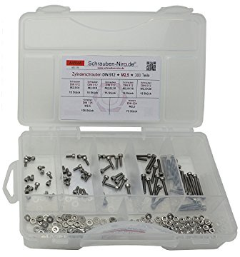 Set DIN 912 Zylinderkopfschrauben M2,5 Edelstahl A4 mit Muttern + Scheiben | Set DIN 912 M25A4 300 Teile Zylinderkopfschrauben/InnenMuttern DIN 934 Unterlegscheiben DIN 125 VA V4A