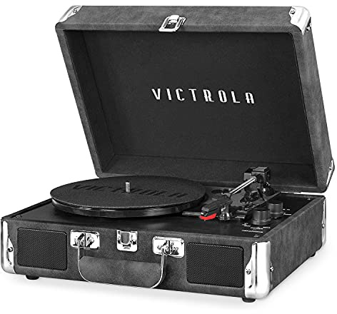 Victrola Journey Bluetooth Portable Suitcase Record Player – with Built-in Speakers, 3 Speed Vinyl Record Player, RCA Out, Headphone Jack (Gray)