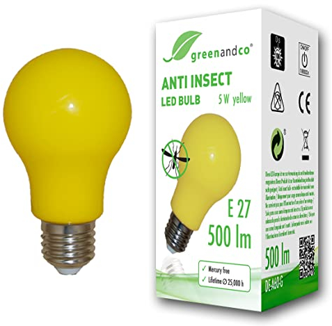 greenandco® lampadina anti insetti, anti zanzare E27, gialla, 5W, 500lm, lunghezza d'onda 560-580nm, non dimmerabile