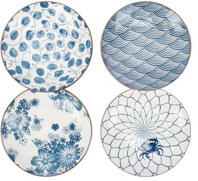 YALONG Small Ceramic Dessert Plates Set of 4, 7 Inch (13oz), Appetizer Plates for Sushi, Snacks, Fruit & Side Dishes, Japanese Blue and White Plates, Microwave & Dishwasher Safe