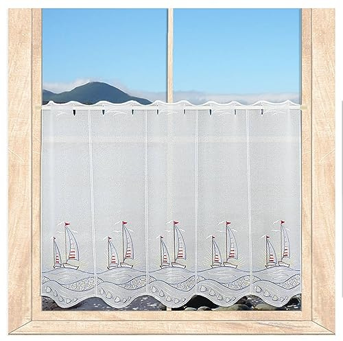 Maritime Stickerei-Kurzgardine Segelboote im Sonnenuntergang HxB 80x64 cm | Blickdichte Badgardine | Struktur-Sablé mit hochwertiger Vogtländischer Stickerei | 3 Höhen | atelier alles-Spitze