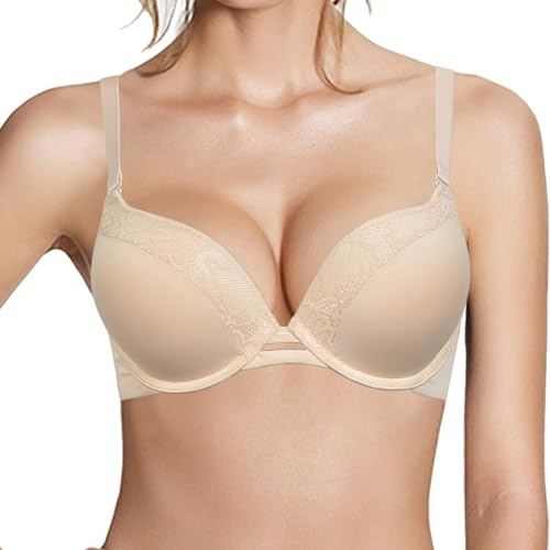 Pushlus Push Up Thick Padded Plunge Underwire T-Shirt Bra Lift for Women