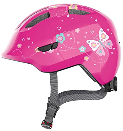 ABUS Kinderhelm Smiley 3.0 - Fahrradhelm mit tiefer Passform, kindergerechten Designs & Platz für einen Zopf - für Mädchen und Jungs - Pink mit Schmetterlings-Muster, Größe S