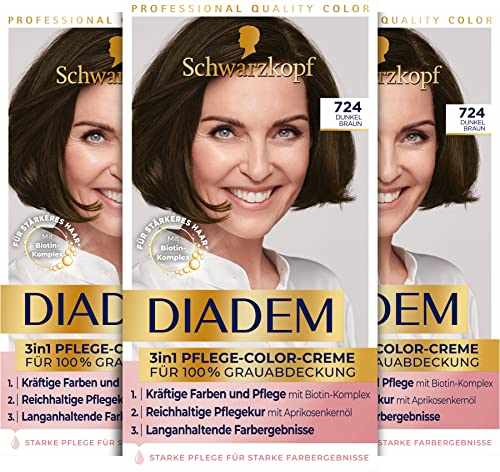 Schwarzkopf Diadem 3 in 1 Pflege-Color-Creme 724 Dunkel Braun (3 x 170 ml), permanente Haarfarbe, Haarpflege-Formel für gesund aussehende Ergebnisse, 100 % Grauabdeckung