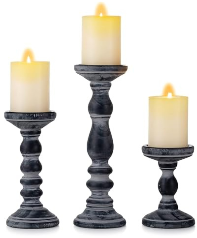 Inweder Kerzenhalter aus Holz: Hoher Stumpenkerzenhalter Rustikale Schwarz | 15/21/30cm, für 8cm Stumpenkerzen, Modern Landhausstil Kerzenständer Used-Look für Tischdeko, Weihnachten, Wohnzimmer, Kamin