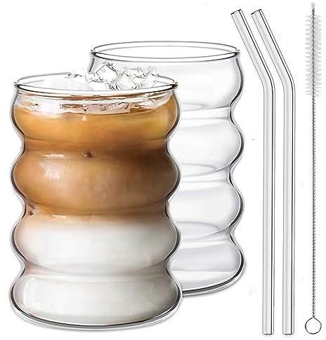 Ework4U Lot de 2 verres à boire avec paille en verre de 414 ml, verres à cocktail, verres à café glacé, verres à bière, parfaits pour l'eau, le soda, le thé, cadeau – avec brosse de nettoyage