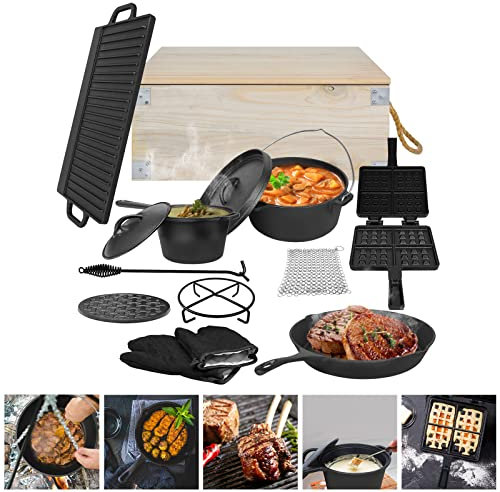 YZNAHRE Dutch Oven Set - 11-teilig Dutch Oven mit Holzkiste und Zubehör, Feuertopf Grillplatte Grilltopf Grillrost für Oudoor Camping Kochen Braten Backen