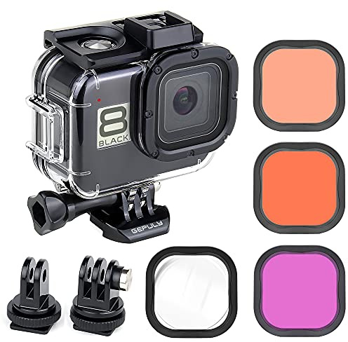 GEPULY Custodia impermeabile per GoPro Hero 8 nero con 4 filtri subacquei, custodia subacquea da 60 m, con filtri rossi, snorkeling, magenta, Close-up per GoPro Hero 8 fotocamera nera