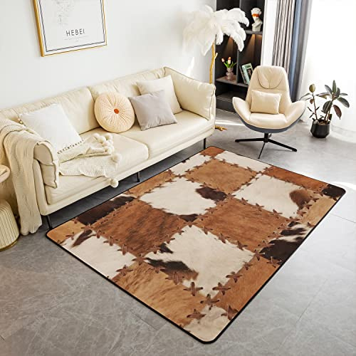 Loussiesd Kuhfell-Teppich Rindsleder, dekorativer Teppich, Heimdekoration, Bauernhaus, Westernhof, Tierhaut, kariert, Gitterdruck, Cowboy-Akzentteppich, 100 x 150 cm