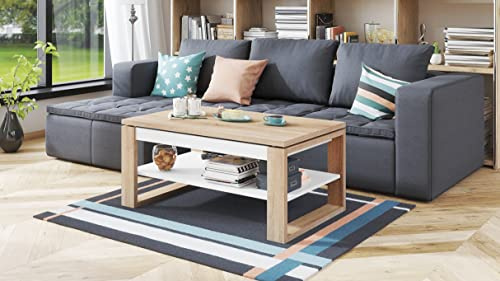 designimpex Design Couchtisch Multifunktion Arbeitstisch Tisch Nuo Ablage Esstisch, Farbe:Sonoma Eiche - Weiß matt