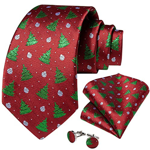 DiBanGu Weihnachtskrawatten für Herren, Seidenkrawatte und Einstecktuch, Set mit Manschettenknöpfen, Themenparty, formelle Feste, Weihnachten, Rot Weihnachtsbaum, Einheitsgröße