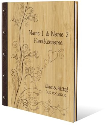 Personalisiertes Stammbuch Hochzeit aus echtem Holz mit Leder Rücken A5 oder A4 inkl. vorgedruckten Seiten - Liebesbaum