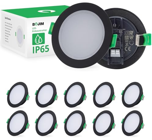 BOJIM LED Einbaustrahler 230V Flach Schwarz, IP65 Hochwasserschutz Spots für Badezimmer, Feuchtraum Küche, Warmweiß 2700K, 68-80mm Lochmaß, 5W Einbauspots Deckenspots, 10er Set