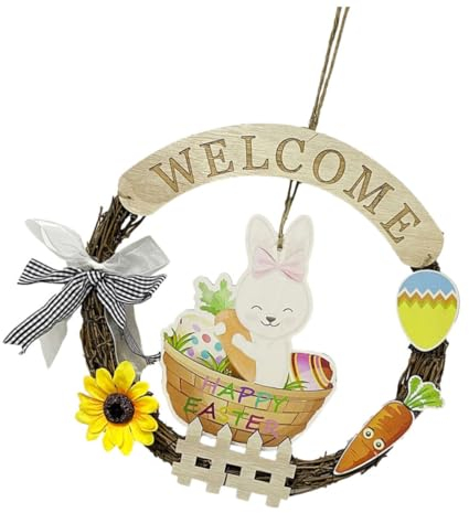 TOPBATHY Osterkranz Kaninchen Girlande Tür Hängend Frühling Haustür Dekoration aus Holz mit Kaninchen Anhänger Kompakte Größe Fenster und Wanddeko Osterfest Rattan Holzschild Anhänger