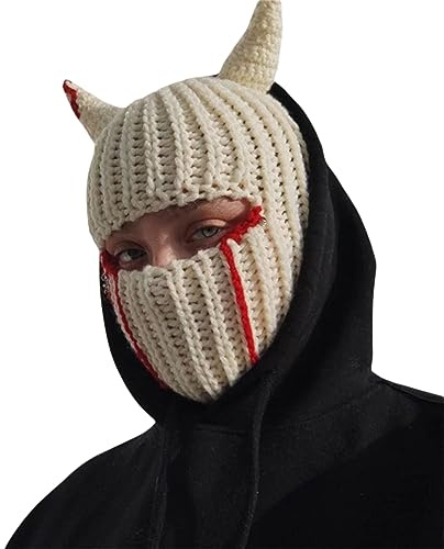 Aunaeyw Knit Y2k Mütze mit Teufelshorn, 1 Loch, Sturmhaube, gehäkelt, Shiesty, Skimaske, Winter, warm, winddicht, Beanie-Mütze, Grunge-Zubehör, gebrochenes Weiß, Einheitsgröße, beige, Einheitsgröße