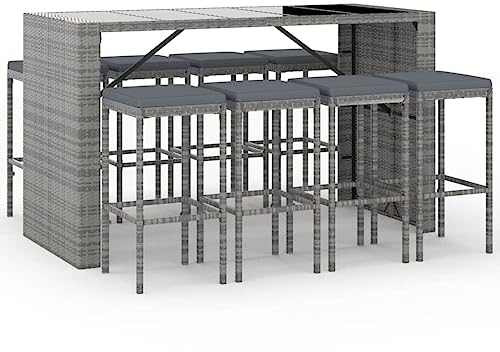 Makastle 9-teilig Gartenbar Set mit Kissen, Garten Sitzgruppe Essgruppe Stehtisch Barstühlen Gartenmöbel, Bartisch mit Barhocker Set für Garten Rasen, Grau Poly Rattan