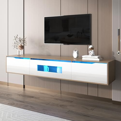ModernLuxe TV Stand Cabinet, Floating TV Unit with Color Changing LED Lights, TV Stand Unit, 3 Storage Space, TV Cabinets for Living Room, High Gloss White Wood Mixed, 180 x 35 x 30cm