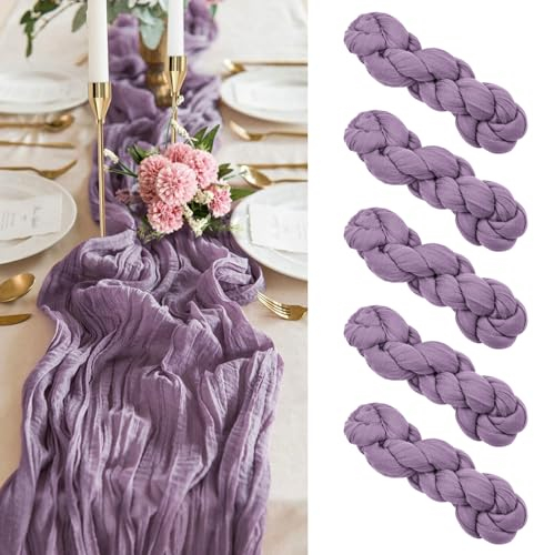 Lot de 5 chemins de table en étamine violette améthyste, chemin de table violet en tissu étamine de 3 m, chemin de table en gaze mauve, style bohème rustique semi-transparent pour réception de mariage