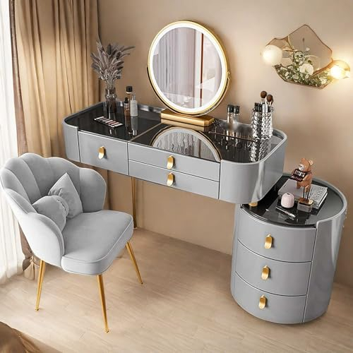 Make-up-Schreibtisch mit beleuchtetem Spiegel und Glasplatte, großes Schminktisch-Set mit Schubladen, Beistellschrank und Stuhl, 3 Beleuchtungsfarben, Schminktisch mit Lichtern, großer Schminktisch