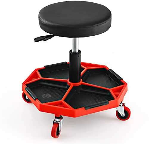 HOMFME Pneumatic Rolling Mechanic Stool, Height Adjustable Swivel Pneumatic Roller Creeper Seat with Removable Tool Tray and Wheels, 150kg Capacity Heavy Duty Garage Workshop Padded Chair (Red)