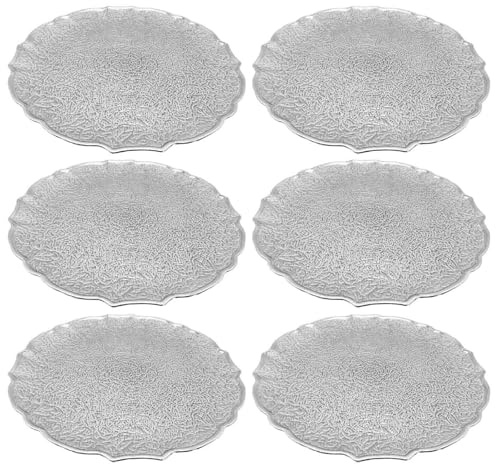 Acan Tradineur - Lot de 6 assiettes rondes réutilisables en plastique, modèle Eri, Assiette plate décorative, plateau de présentation de bonbons, Noël, nougat, gâteaux (argent - Ø 33 cm)