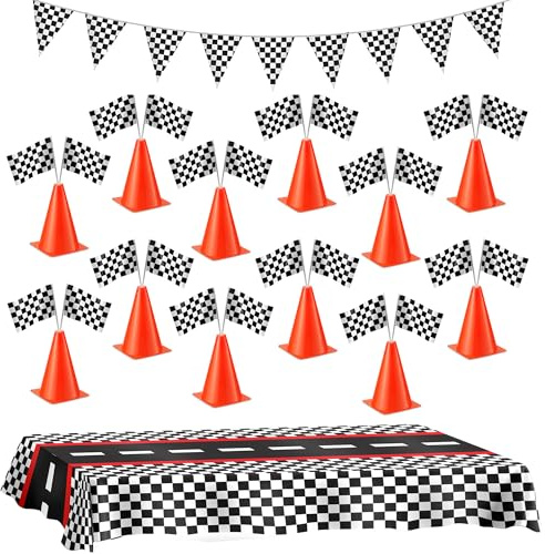 Bedwina Race Car Birthday Decorations & Centerpiece, Cones & Flags 38-Pcs