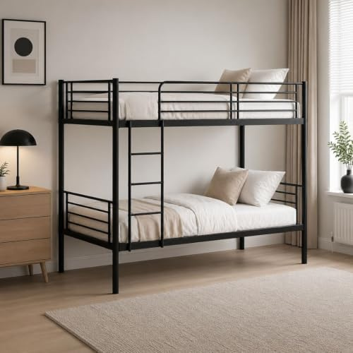 Reinforced Beds Bircham 3FT Metal Bunk Bed Frame for Adults & Kids, Heavy Duty Steel Bunk Bed, Reinforced Tubular Slats, Reversible Ladder, Strong Mattress Support, Easy Assembly, (Black)