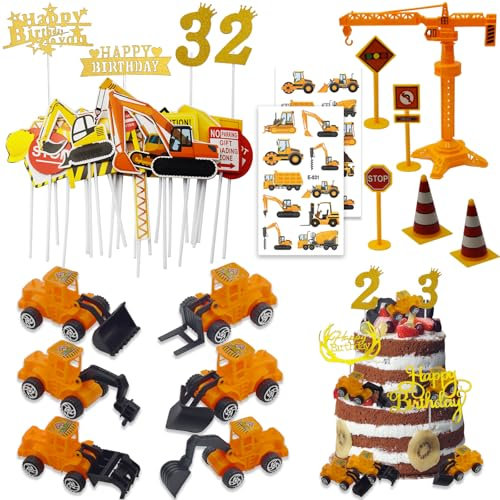 LXBCTOP Construction Cake Toppers, 45 PCS Digger Cake Topper, Digger Birthday Decorations with Crane Traffic Road Sign, Excavator Theme Cupcake Toppers for Age 2 3 Boys Girls Birthday Party Supplie