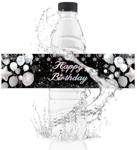 URROMA Wasserflaschen-Etiketten, 50 Stück, Happy Birthday-Flaschenaufkleber, wasserdicht, schwarz-silberfarben, Ballon-Banner, Happy Birthday-Thema, Wasserflaschenverpackungen