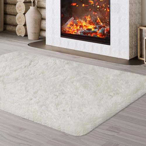 JOJOSEE Hochflor Teppich Wohnzimmer 120 x 160 cm Creme | Anti-Rutsch Wohnzimmerteppich Waschbarer Flauschiger Teppich für Schlafzimmer & Kinderzimmer