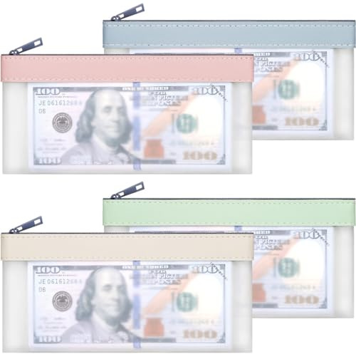 ZEPIQOR 4 Stück geldaufbewahrung, geldtaschen banktasche, Geldtaschen Banktasche, 22 x 10cm Transparente Federmäppchen Beutel mit Reißverschluss für Bargeld Scheck Quittungen Organizer