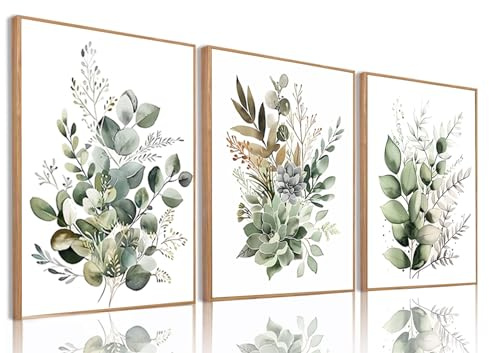 Bwodke Botanical Wall Art Plant Floral Watercolor Poster Canvas Prints Set of 3 Framed Sage Green Painting Eucalyptus Leaf Picture Modern Minimalist Home Decor Bedroom Bathroom Living Room 12x16