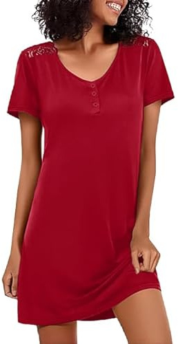Jahetuul Nachthemd Damen Kurzarm mit Spitze Nachthemden für Damen Schlafshirt Nachtwäsche Nachtkleid Sleepshirt Frauen sexy V-Ausschnitt Baumwolle