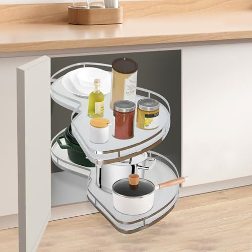 Duoruameng Karussell Eckschrank Küchenschrank Rechts Ausziehbar Drehbarer Eckschrank Höhenverstellbarer 60-81cm 2 Etagen Auszug Kücheneckenablage (Weiß)