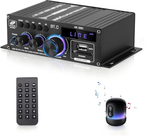 Stereo Audio Amplifier, AK380 40W+40W Audio Amplifier, Bluetooth 5.0 Amplifier HiFi for Speakers FM Radio, LCD Display & Remote Control, AUX RCA USB SD Input, for Home Speaker, Car Speaker