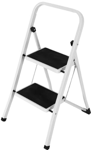 A.M.C. Scala Scaletta Pieghevole Quadrata Salvaspazio con Gradini Antiscivolo e Maniglione di Sicurezza Sgabello Struttura in Acciaio e Rivestimento in Gomma Portata massima 150kg (2 Gradini)