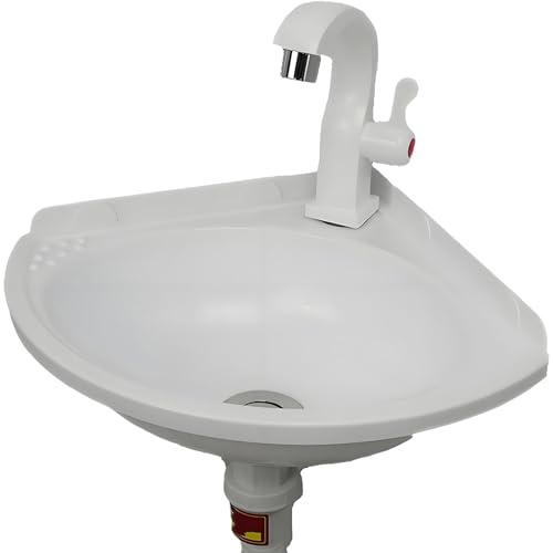Wall Mounted Washbasin with Tap, Plastic Washbasin, Corner Bathroom Hand Sink, Triangle 27.5 x 27.5 cm, Countertop Washbasin, No Drilling, Easy Installation for Small Guest Toilet