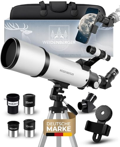 Weidenberger Telescopio 60800 - Rifrattore, apertura 60 mm, lunghezza focale 800 mm, 3 oculari + 3 lenti barlow, cannocchiale, treppiede e adattatore per cellulare - per adulti e principianti
