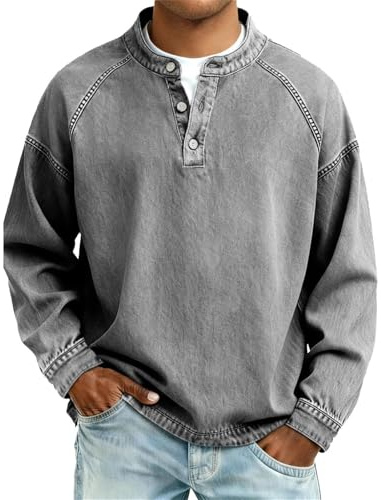 Henley Shirts for Men Vintage Distressed Long Sleeve Button Up Denim Pullover Solid Color Casual Washed T Shirts