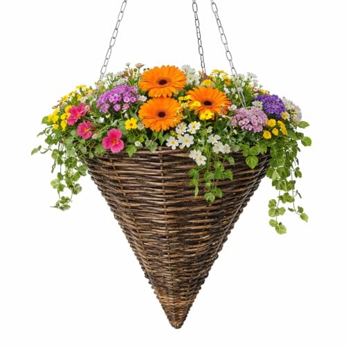 Garden Mile 14” Cone Rattan Hanging Baskets – Brown Wicker Planter with Liner & Rust Resistant Metal Chain – Outdoor Hanging Flower Pots for Garden, Balcony & Patio