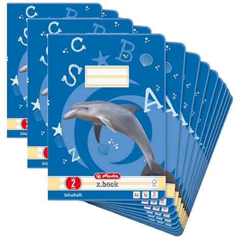Herlitz Schulheft x.book A4, Lineatur 2, 2. Klasse, 16 Blatt, 10 Stück (Packung mit 3)