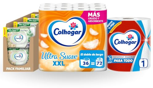 Lote Colhogar Hogar Completo: Papel Cocina Paratodo Jumbo 1 rollo + Papel Higiénico Ultra Suave XXL 36 rollos + Toallitas Húmedas Aloe 8x80