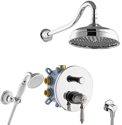 PaulGurkes Nostalgie Duschsystem Set Komplett Regendusche mit Grundkörper Retro Landhausstil Glockenduschkopf Regenbrause Handbrause Keramikgriff Einhandmischer 2-Wege-Armatur