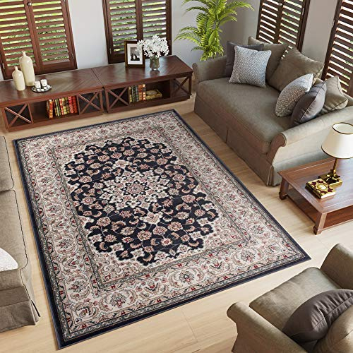 TAPISO Colorado Teppich Kurzflor Schwarz Creme Medallion 120 x 170 cm | strapzierfähiger Teppich Wohnzimmer Klassisch Orientalisch Ornament Muster Orientteppich OEKO-TEX