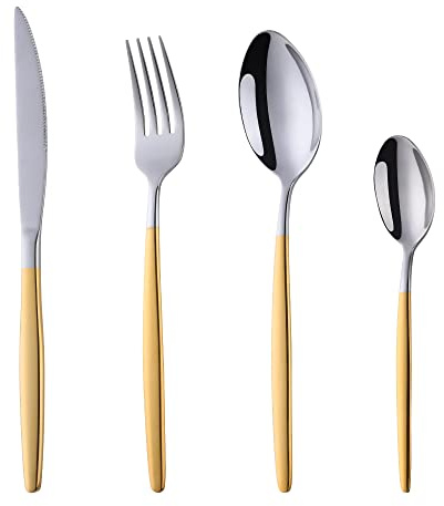 BISDARUN Stainless Steel Cutlery Set with Gold Coloured Handles 4-Piece Titanium Plated Flatware 1 Set Service for 1, Golden Silverware Dinner Knife Fork Spoon Set